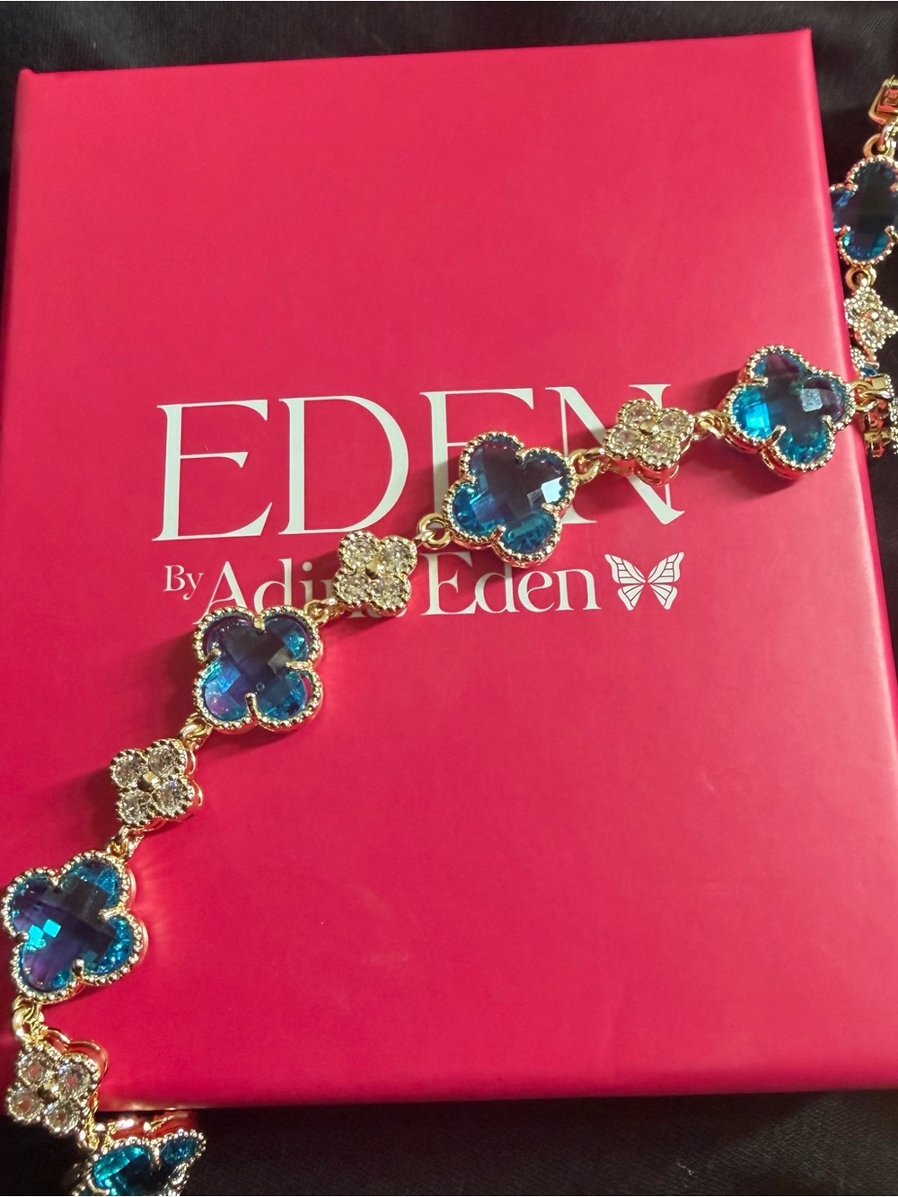 Adina Eden Blue Crystal Clover Bracelet - Gold Setting 7.5”